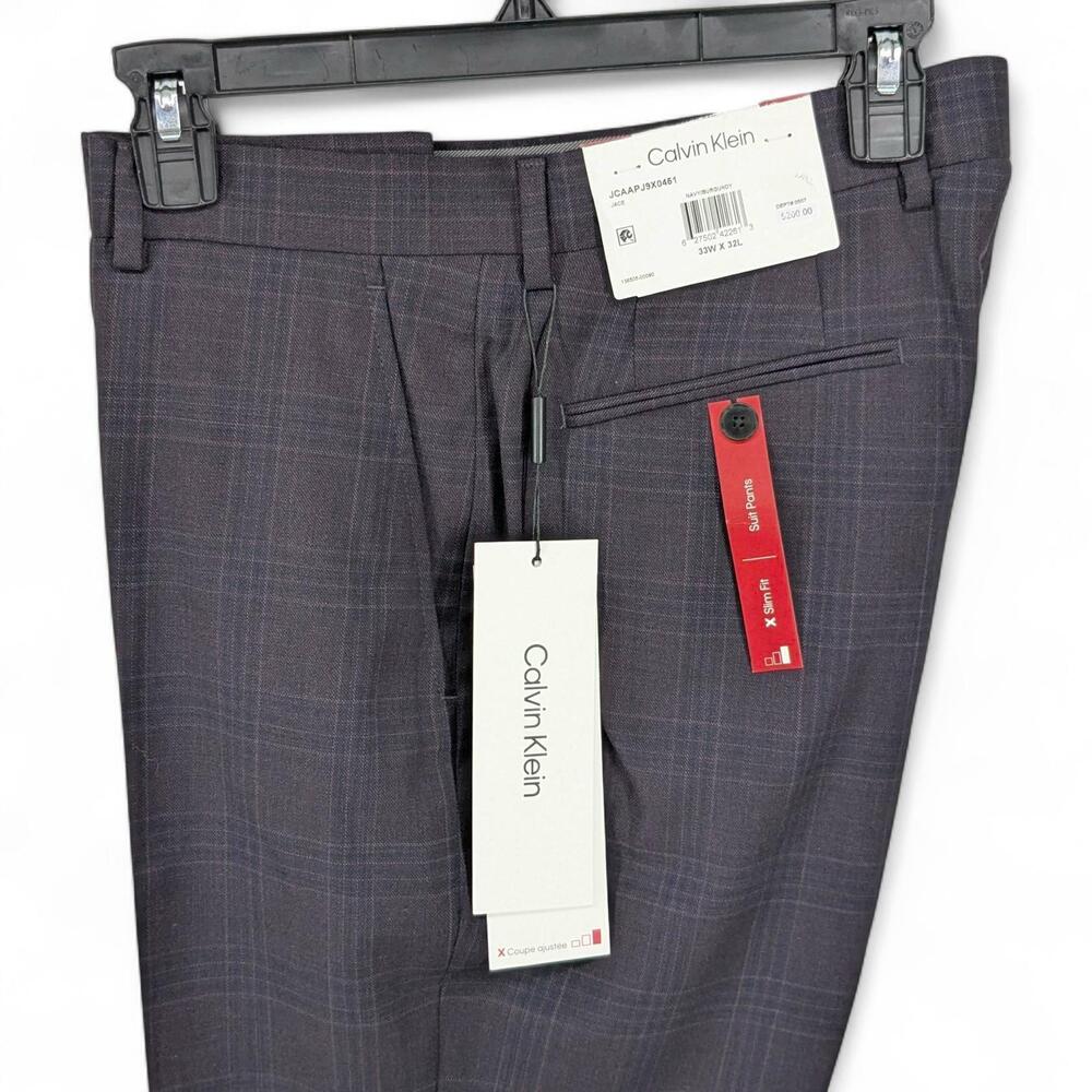 Calvin Klein Mens X Slim-Fit Stretch Suit Dress Pants Navy Burgundy Plaid 33x32 - Picture 5 of 7